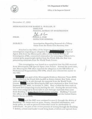 Read Investigation Regarding Removal of a Tiffany Globe from the Fresh Kills Recovery Site - Office of the Investigator General file in PDF